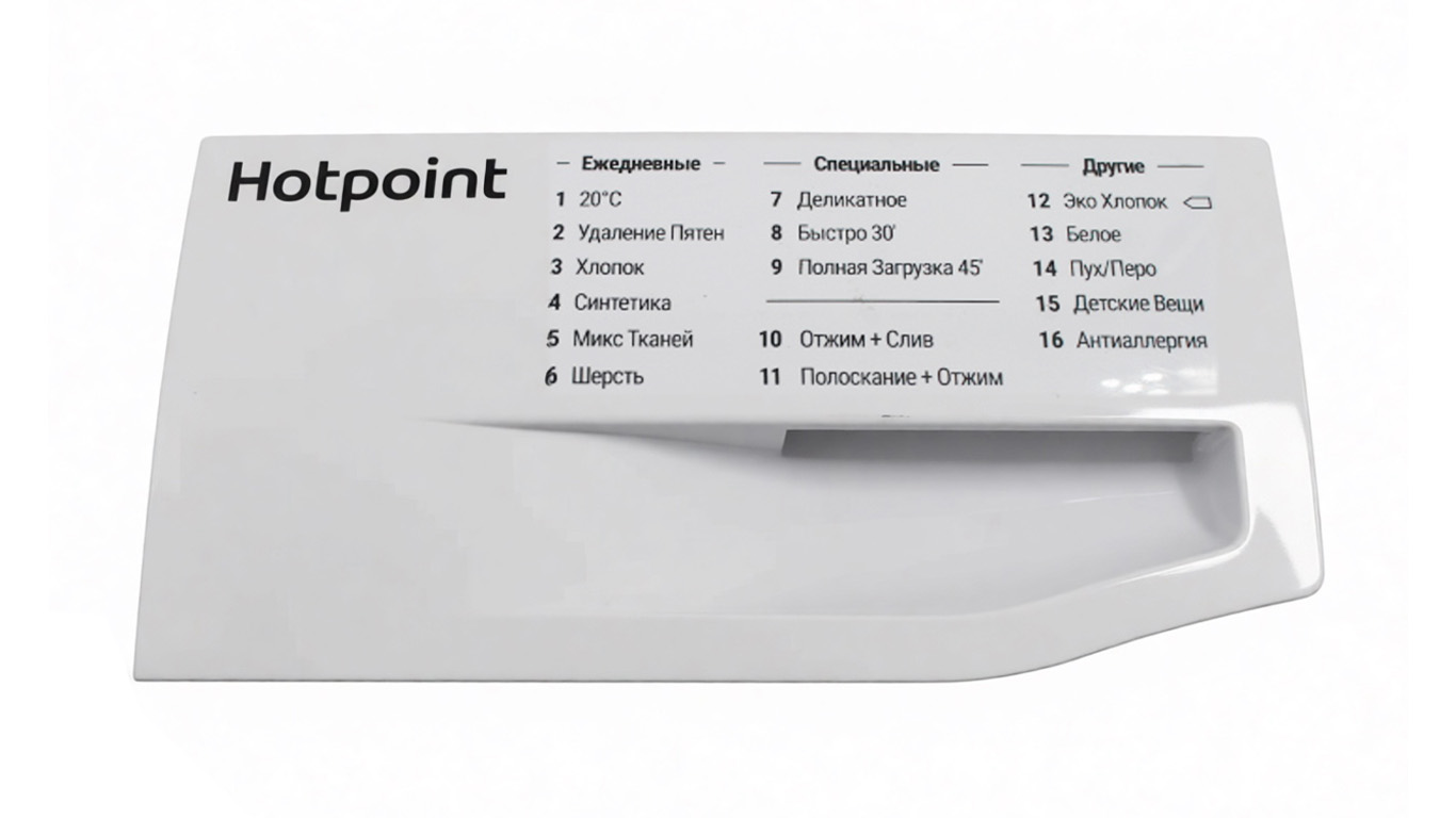 Крышка дозатора для стиральной машины HOTPOINT 90000159 (цвет: белый, информация на панели W11215195, W11215207, размер панели 214мм/110мм, 95мм)