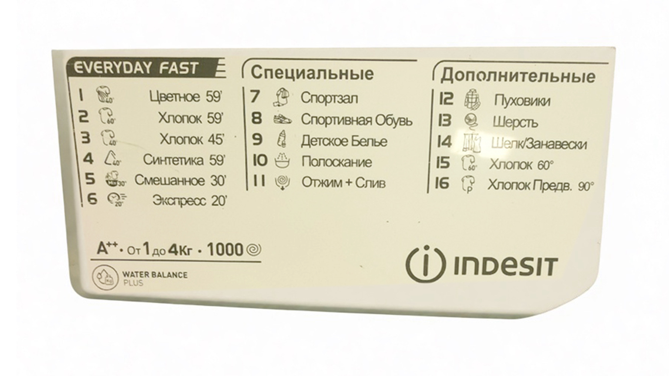 Крышка дозатора для стиральной машины Indesit 148039597113 (148039597, размер панели 217мм/110мм, 105мм, 16 программ 6кг)