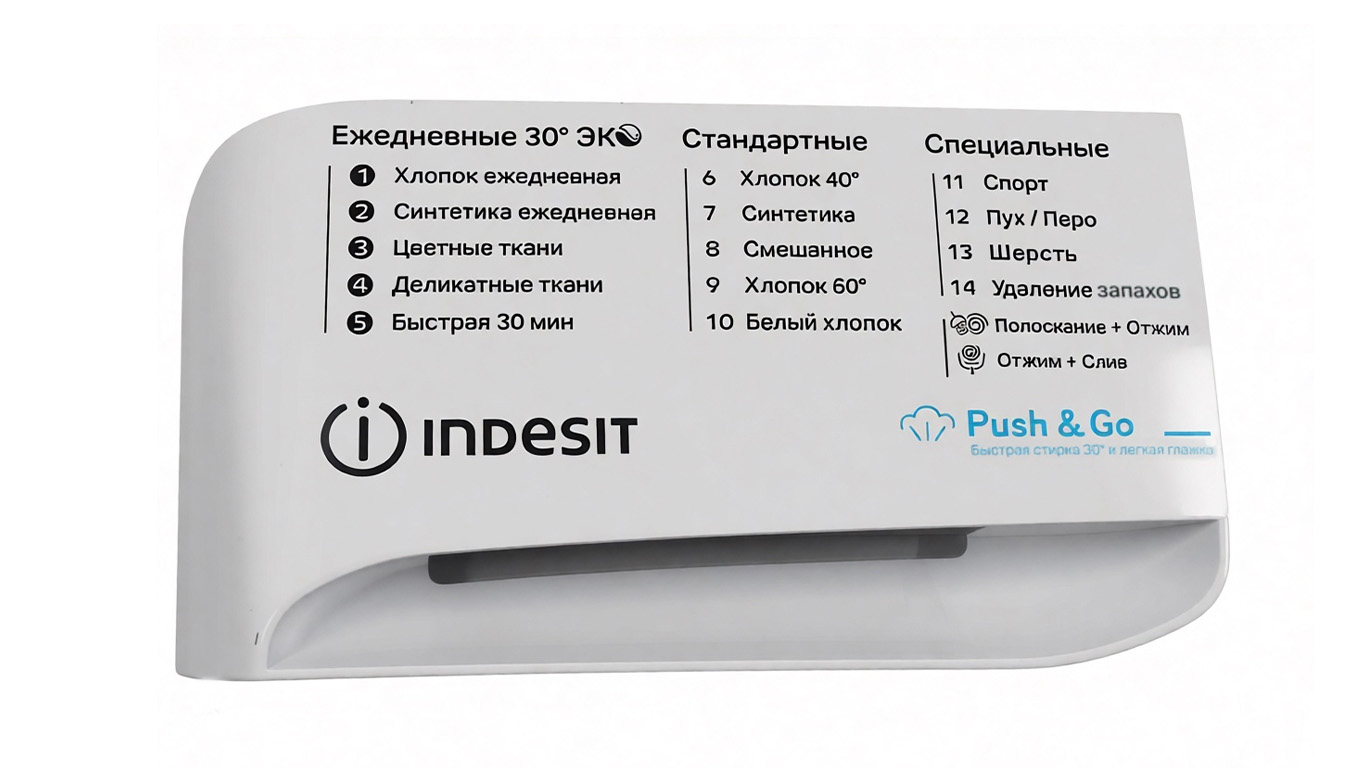 Крышка дозатора для стиральной машины Indesit 848137 (цвет: белый, информация на панели: 250006721-2-B, размер панели: 222мм/125мм/50мм, 14 программ)